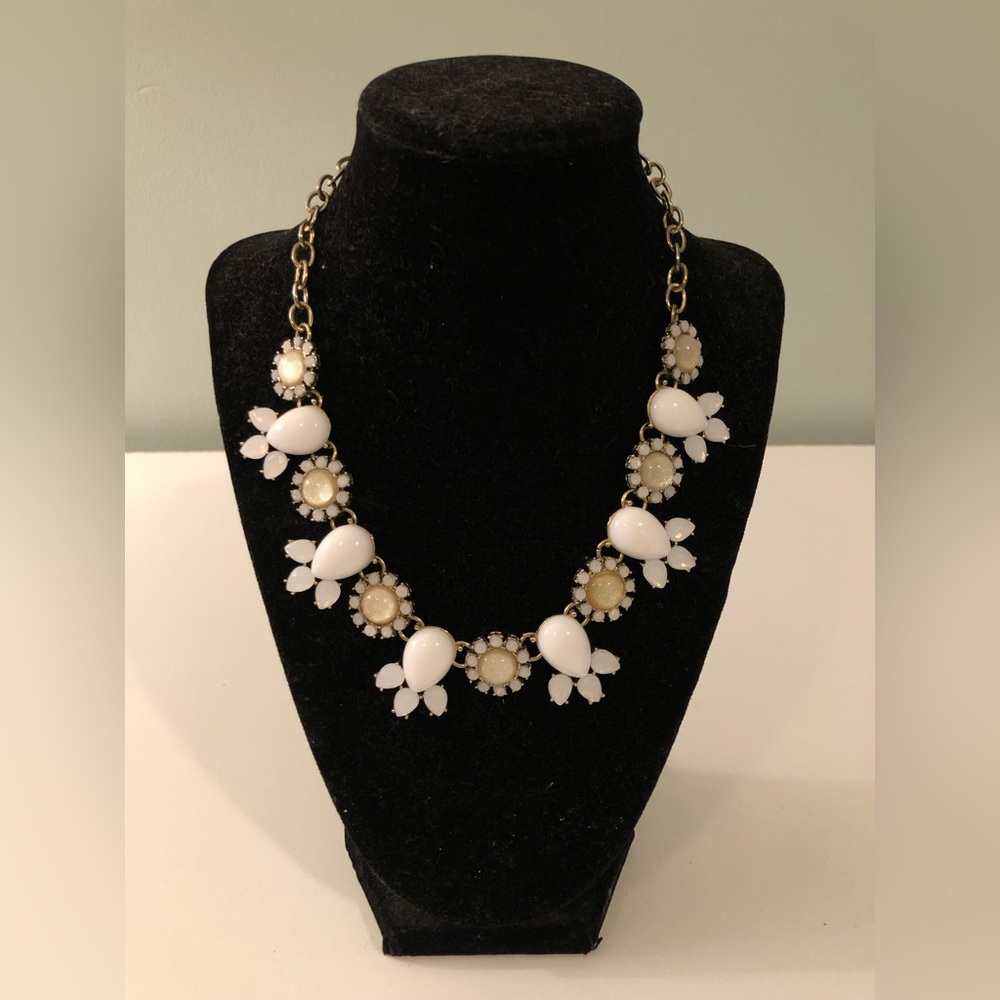 White, Cream and Crystal Jeweled Statement Necklace